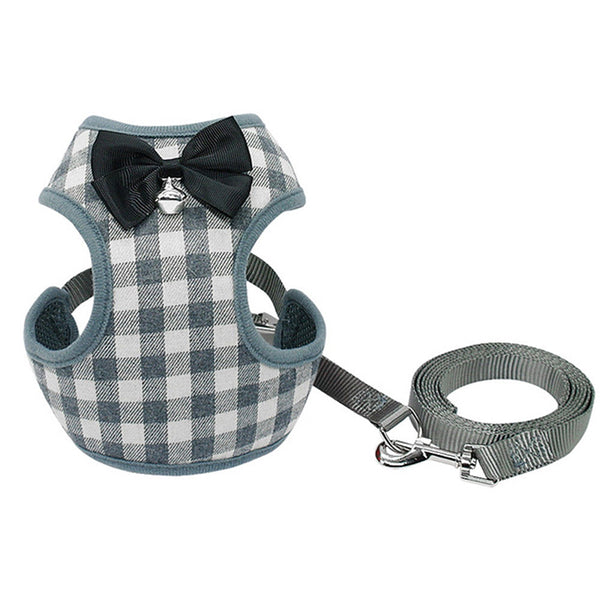 Checkered Dog Harness & Leash Set — Bowtie Harness for Small Dogs & Cats