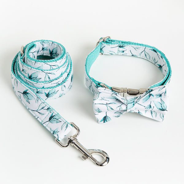 Dog & Cat Collar & Leash Set — Tropical-Leaf Bowtie with Metal Buckle