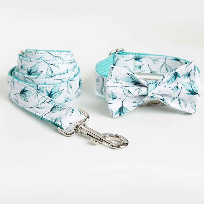 Dog and Cat Collar Set with Bowtie and Tropical Leaves